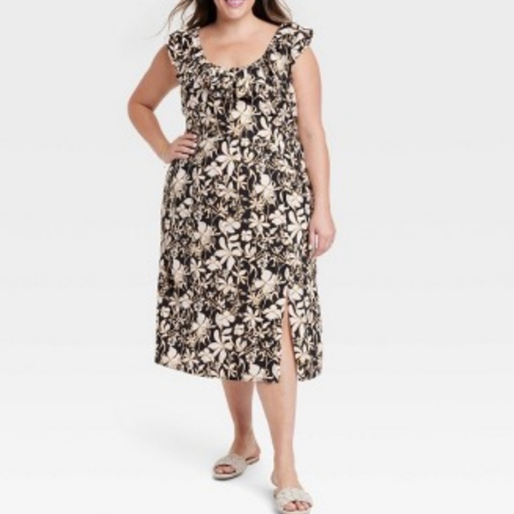 Floral Print Midi Dress with Ruffle Sleeves